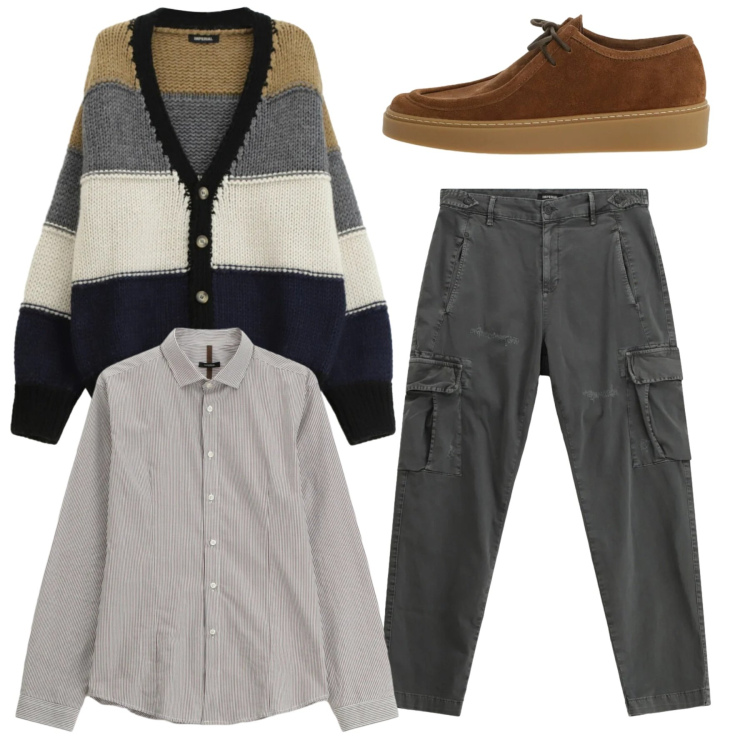 Outfit uomo - Total look. Stile Casual per Tutti i giorni. Abbinamento con pantaloni cargo, camicie, scarpe stringate, cardigans.