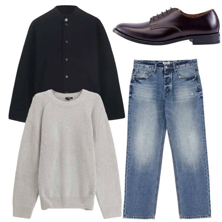 Outfit uomo - Total look. Stile Casual per Tutti i giorni. Abbinamento con jeans, maglieria, scarpe stringate, giacche.