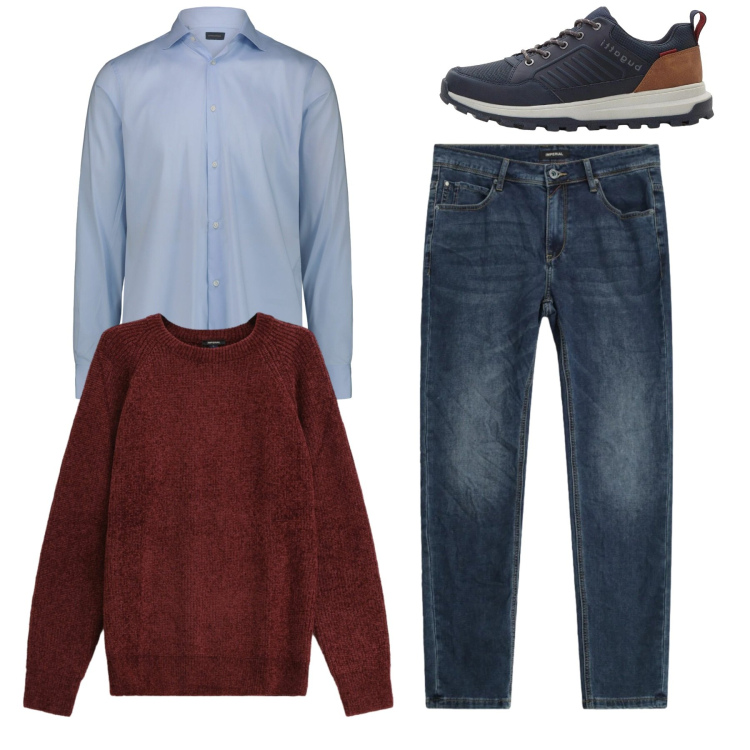 Outfit uomo - Total look. Stile Casual per Tutti i giorni. Abbinamento con sneakers, jeans slim fit, maglieria, camicie.