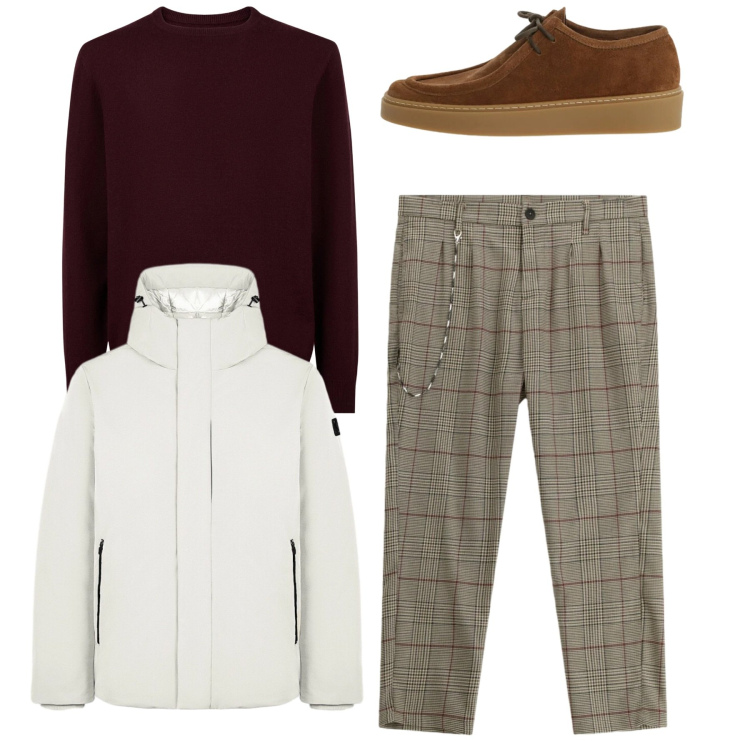 Outfit uomo - Total look. Stile Casual per Tutti i giorni. Abbinamento con pantaloni, scarpe stringate, parka, maglieria.