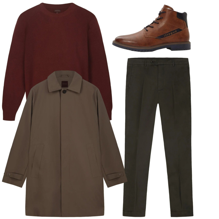 Outfit uomo - Total look. Stile Casual per Tutti i giorni. Abbinamento con anfibi, pantaloni chino, trench, maglieria.