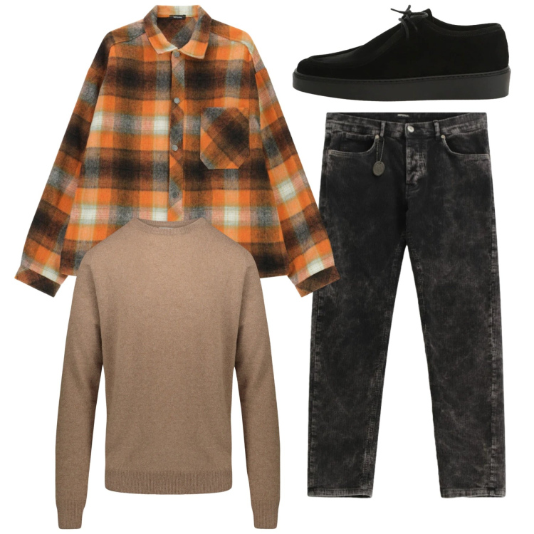 Outfit uomo - Total look. Stile Casual per Tutti i giorni. Abbinamento con pantaloni, camicie, scarpe stringate, maglieria.