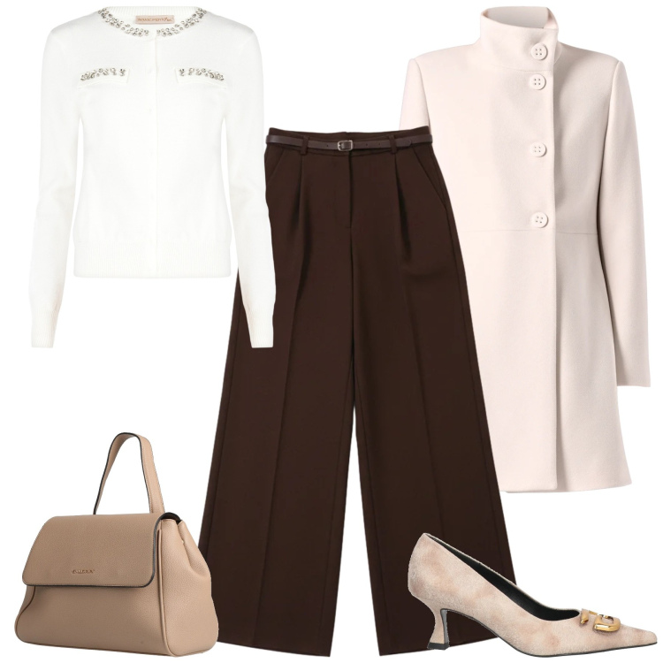 Outfit donna - Cerimonia informale. Stile Chic per Cerimonia. Abbinamento con zaini, décolleté, cardigans, cappotti, pantaloni a palazzo.