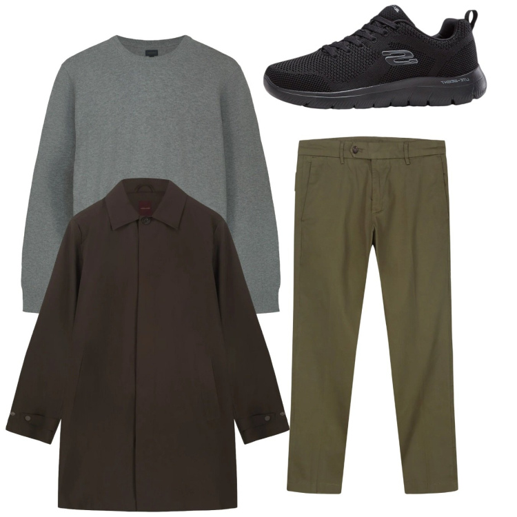 Outfit uomo - Total look. Stile Casual per Tutti i giorni. Abbinamento con sneakers, pantaloni chino, maglieria, trench.
