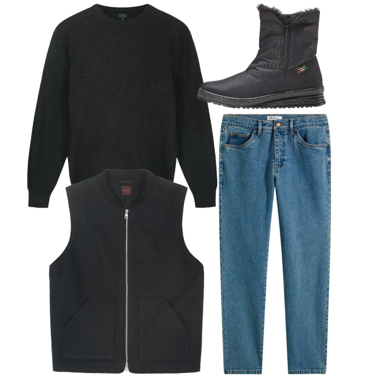 Outfit uomo - Total look. Stile Casual per Tutti i giorni. Abbinamento con jeans dritti, stivali e stivaletti, maglieria, piumini.