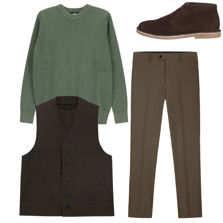 Outfit uomo - Total look. Stile Casual per Tutti i giorni. Abbinamento con pullovers, stivali e stivaletti, gilet, pantaloni.