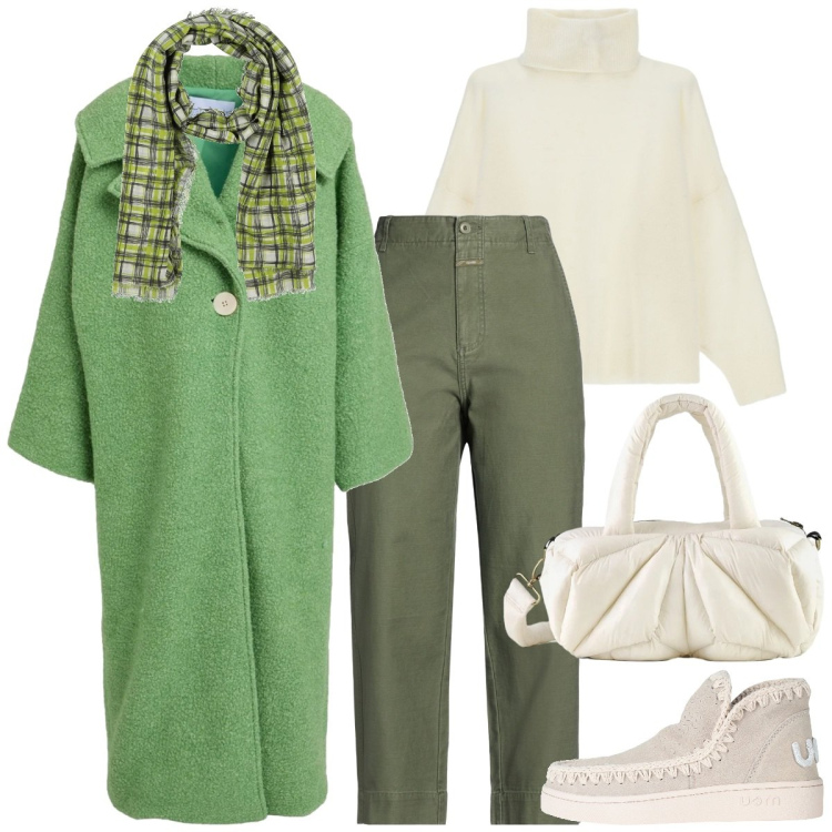 Outfit donna - Un tocco di colore. Stile Casual chic per Tutti i giorni. Abbinamento con cappotti, pantaloni, sciarpe, stivaletti, maglieria, borse a mano.