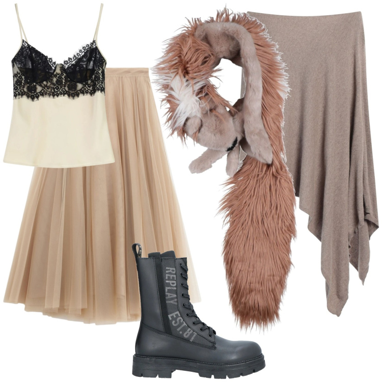 Outfit donna - Romantica in Inverno. Stile Romantica per Serata fuori. Abbinamento con sciarpe, anfibi, cappotti, gonne lunghe, canottiere.