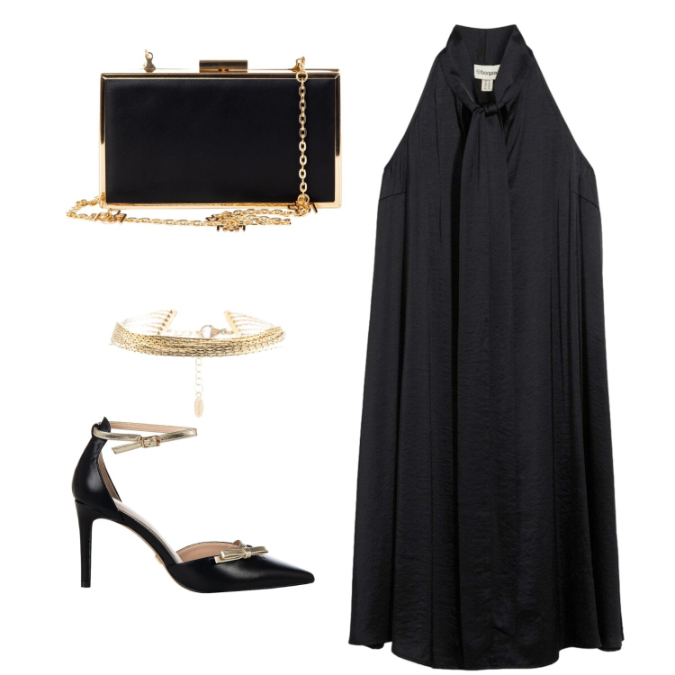 Outfit donna - Semplicemente elegante in nero. Stile Chic per Serata fuori. Abbinamento con vestiti midi/longuette, décolleté, pochette, braccialetti.