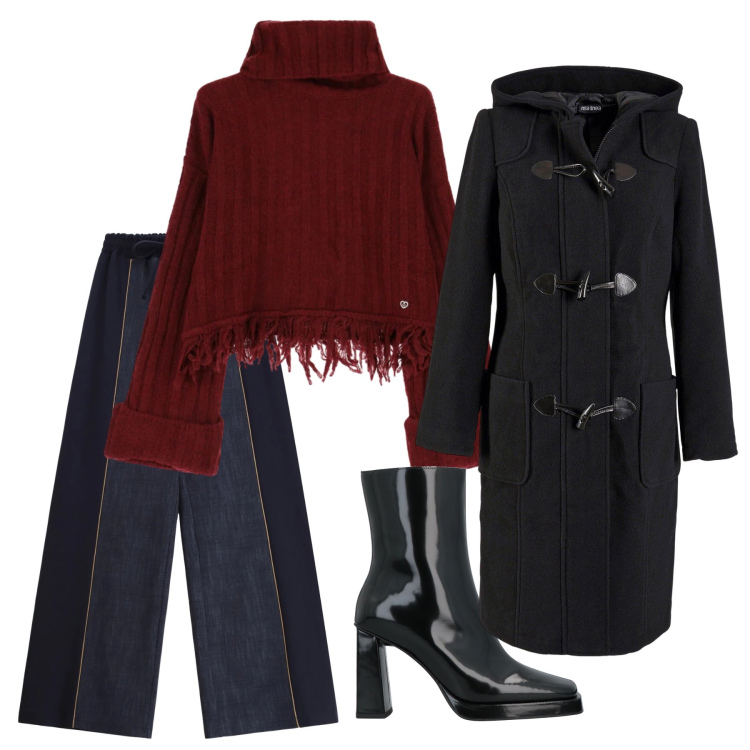 Outfit donna - Glamour al caldo. Stile Glamour per Tutti i giorni. Abbinamento con pantaloni a palazzo, maglieria, stivaletti, montgomery.