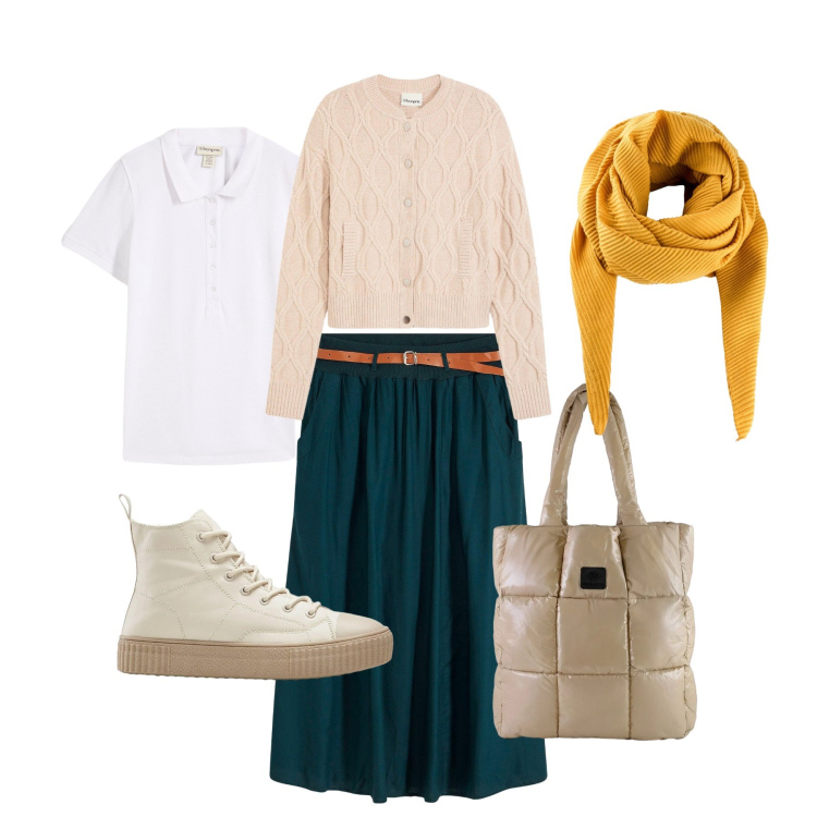 Outfit donna - Gonna lunga. Stile Casual per Ufficio. Abbinamento con shopping bag, gonne lunghe, foulard, cardigans, polo, sneakers alte.
