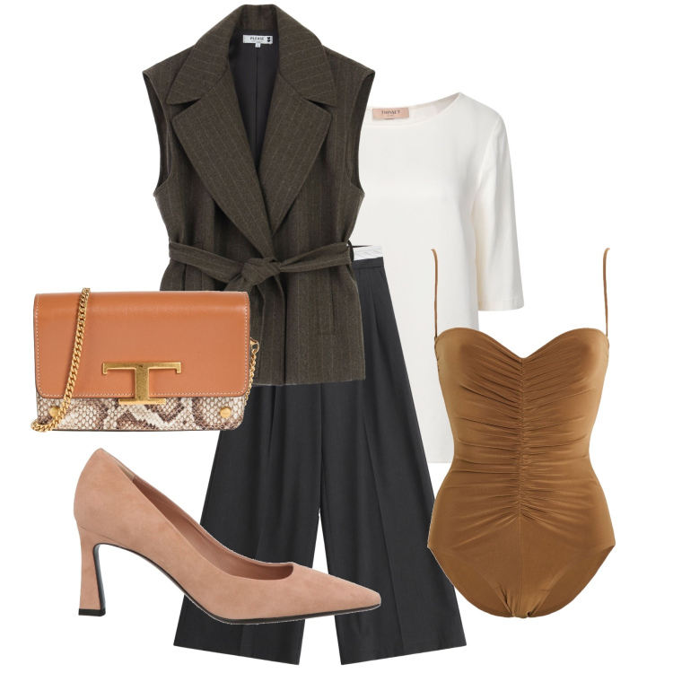 Outfit donna - Marrone foglia. Stile Chic per Tutti i giorni. Abbinamento con décolleté, body, marsupi, top, gilet, pantaloni a palazzo.