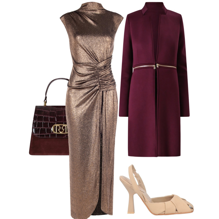 Outfit donna - Golden Walk in winter. Stile Glamour per Serata fuori. look ideale per Tall. Abbinamento con décolleté, borse a mano, cappotti, vestiti lunghi.