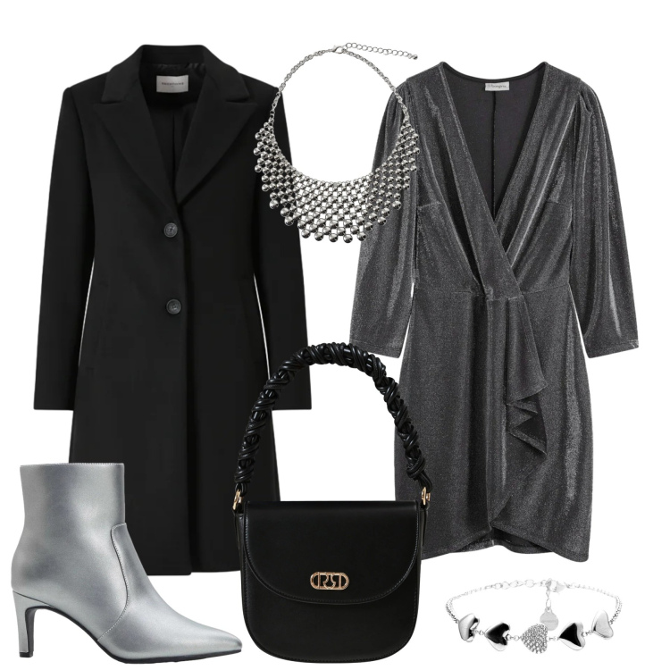Outfit donna - Cenone di capodanno. Stile Chic per Serata fuori. Abbinamento con vestiti, stivaletti, cappotti, borse a mano, collane, braccialetti.
