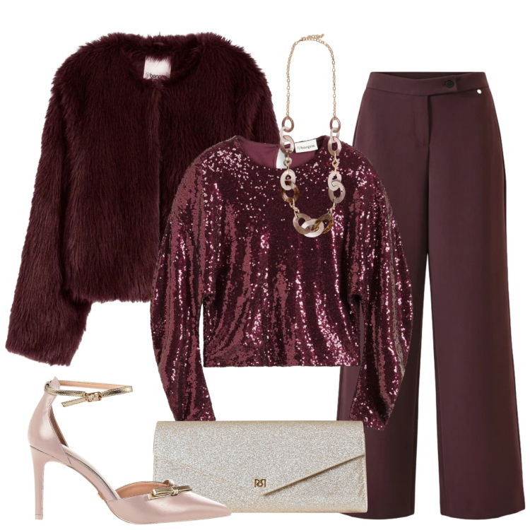 Outfit donna - Sobria e chic. Stile Chic per Serata fuori. Abbinamento con ecopellicce, bluse, décolleté, pochette, pantaloni, collane.