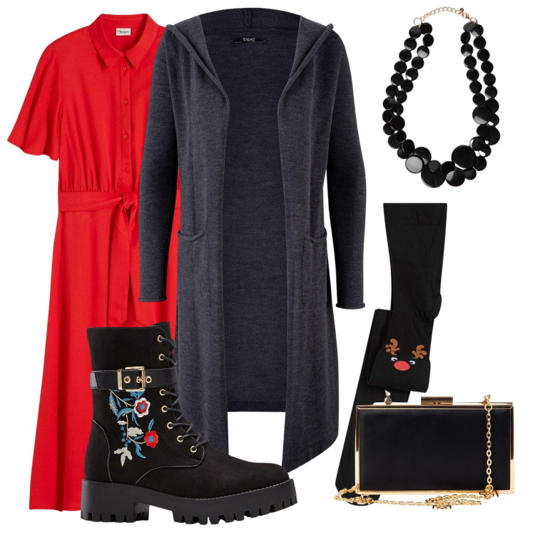 Outfit donna - Xmas chic. Stile Casual chic per Tutti i giorni. Abbinamento con collane, pochette, cardigans, collant, stivali, vestiti.