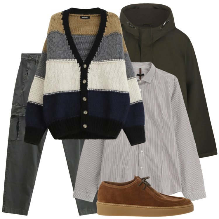 Outfit uomo - Strisce. Stile Casual per Tutti i giorni. Abbinamento con camicie, pantaloni cargo, scarpe stringate, cardigans, eskimo.