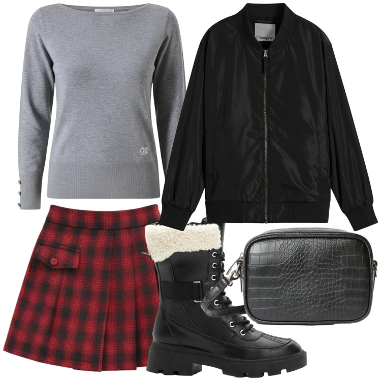 Outfit donna - Stile scozzese. Stile Basic per Tutti i giorni. Abbinamento con bomber, anfibi, maglieria, minigonne, borse a tracolla.