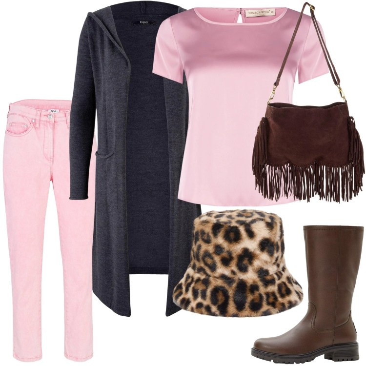 Outfit donna - Sfumature rosee. Stile Urban per Tutti i giorni. Abbinamento con cardigans, pantaloni, borse a tracolla, stivali, bluse, cappelli.