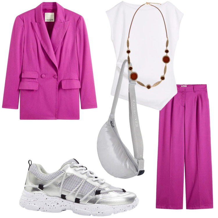 Outfit donna - Tailleur elegante casual. Stile Casual per Tutti i giorni. Abbinamento con sneakers, top, pantaloni a palazzo, blazer, borse a tracolla, collane.