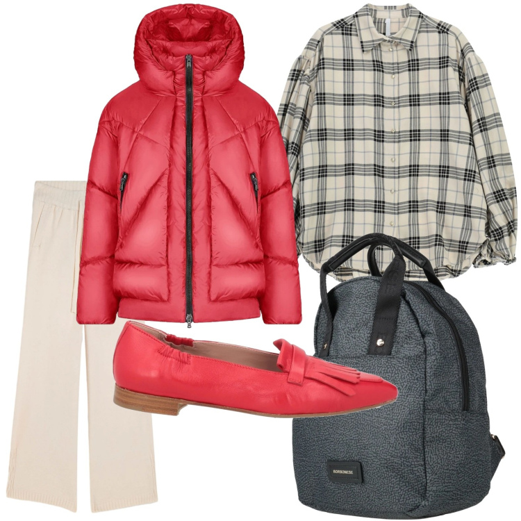 Outfit donna - Naturale eleganza. Stile Minimal per Tutti i giorni. Abbinamento con zaini, mocassini, camicie, pantaloni, piumini.