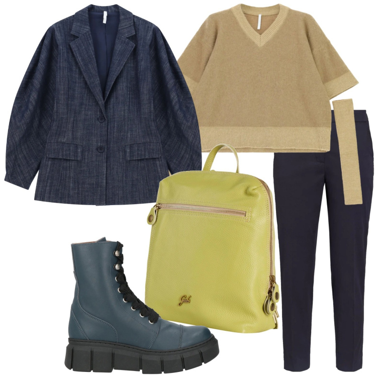 Outfit donna - Capi versatili. Stile Urban per Ufficio. Abbinamento con zaini, stivaletti, pantaloni, blazer, maglieria.