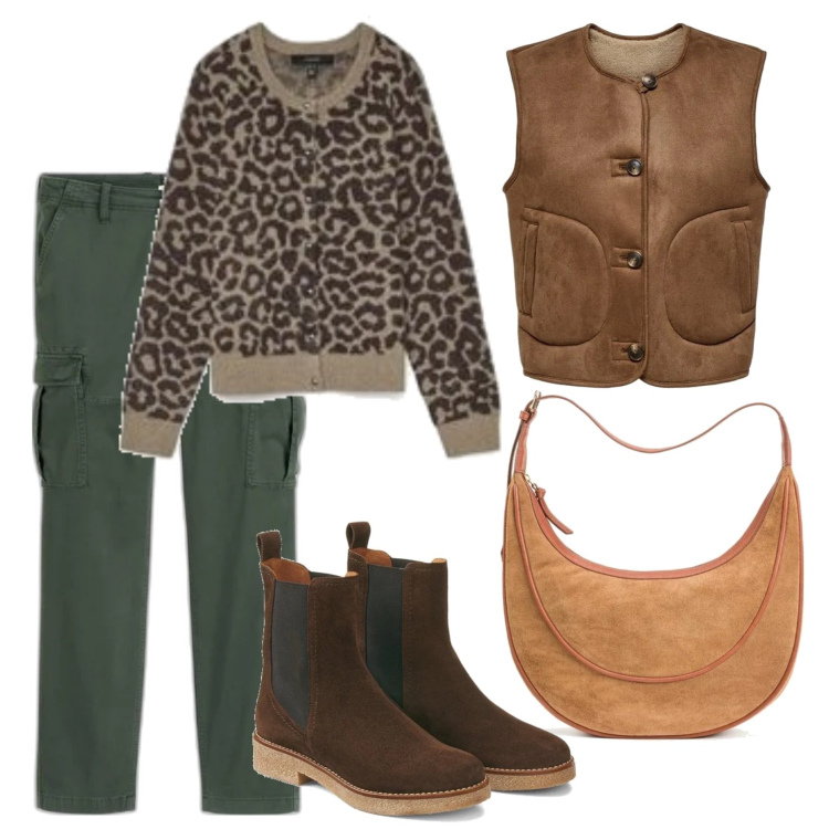 Outfit mujer - Urban look. Estilo Urban para Todos los días. Combinación con cárdigans, chalecos, pantalones cargo, bolsos de mano, botines.