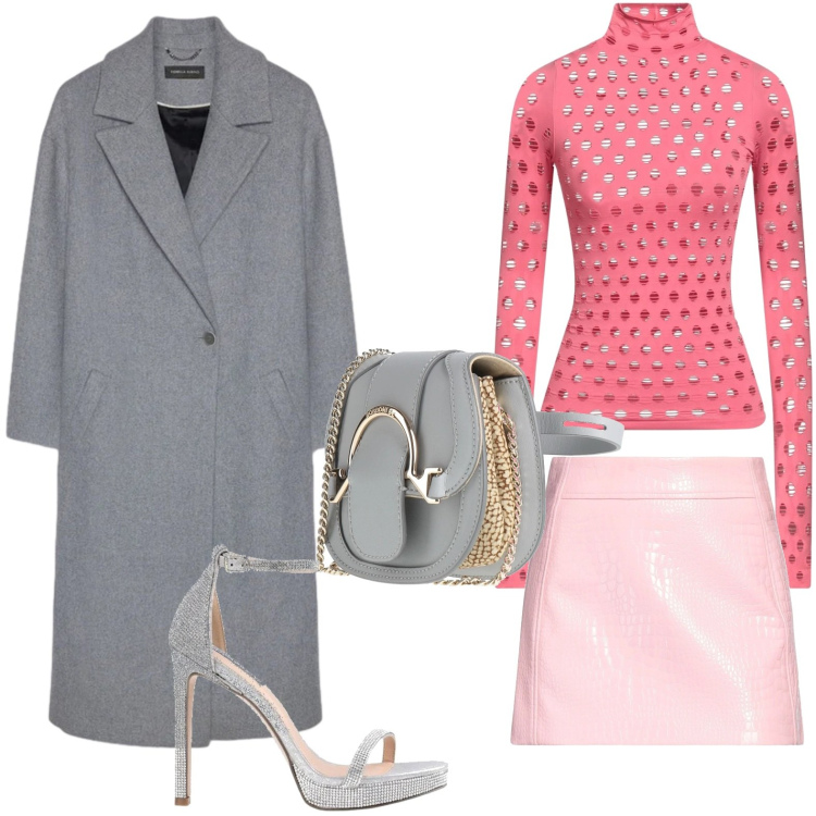 Outfit donna - Contrasti cromatici. Stile Urban per Serata fuori. Abbinamento con sandali col tacco, t-shirt, minigonne, marsupi, cappotti.