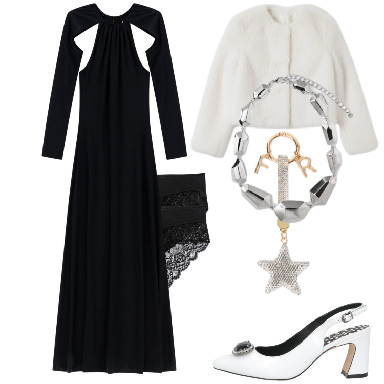 Outfit donna - Raffinata per il 31. Stile Chic per Serata fuori. Abbinamento con culotte, décolleté, ecopellicce, vestiti lunghi, ciondoli, portachiavi.