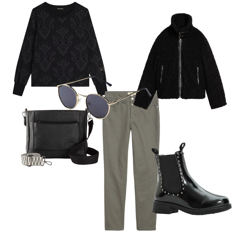 Outfit donna - Tempo libero. Stile Casual Abbinamento con borse a tracolla, occhiali da sole, pantaloni, ecopellicce, stivaletti chelsea, felpe.