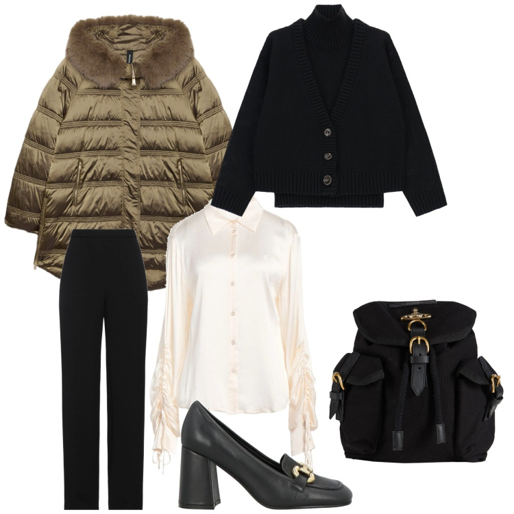 Outfit donna - In giro per negozi. Stile Casual chic per Tutti i giorni. Abbinamento con zaini, pantaloni, camicie, mocassini, cardigans, piumini.