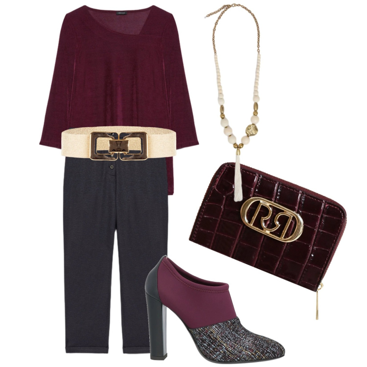 Outfit donna - Domani sera con te. Stile Chic per Serata fuori. Abbinamento con stivaletti, cinture, portafogli, ciondoli, bluse, pantaloni.
