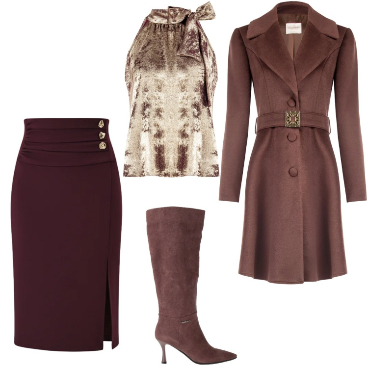 Outfit donna - Total look #2309421. Stile Chic per Cerimonia. Abbinamento con stivali, cappotti, gonne longuette, top.