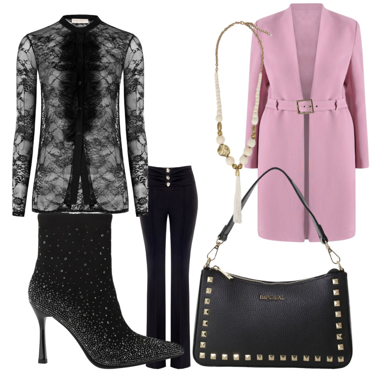 Outfit donna - Total look #2309424. Stile Chic per Serata fuori. Abbinamento con trench, camicie, pantaloni, pochette, stivaletti, ciondoli.
