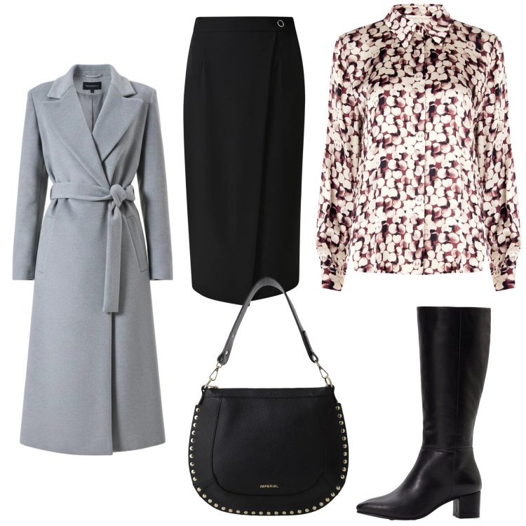 Outfit donna - Total look #2309427. Stile Casual chic per Tutti i giorni. Abbinamento con stivali, cappotti, camicie, gonne, borse a spalla.