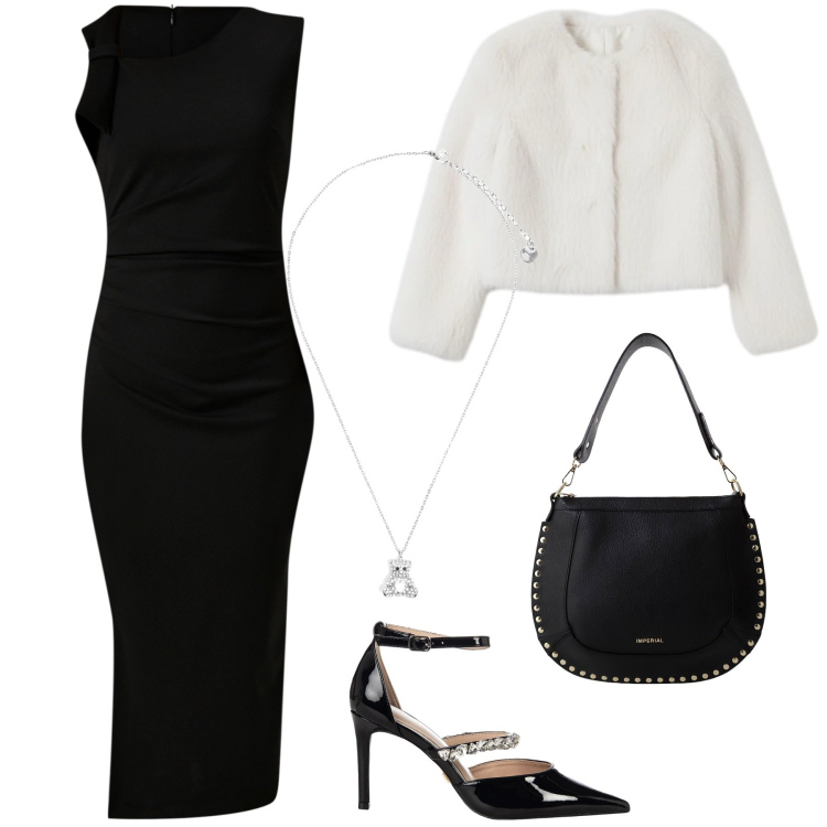 Outfit donna - Tubino chic. Stile Chic per Serata fuori. Abbinamento con borse a spalla, ecopellicce, vestiti a tubino, décolleté, ciondoli.