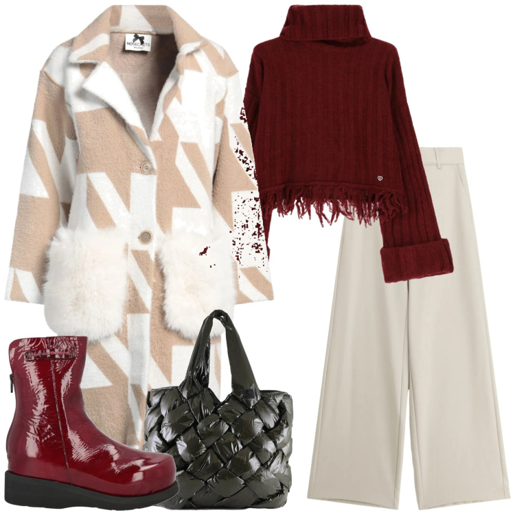 Outfit donna - Un caldo inverno. Stile Sporty chic per Tutti i giorni. Abbinamento con stivaletti, cappotti, maglieria, pantaloni a palazzo, borse tote.