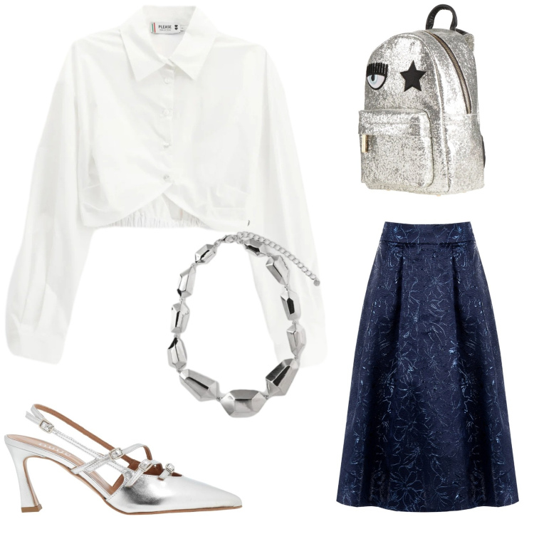 Outfit donna - Silver queen. Stile Glamour per Serata fuori. Abbinamento con zaini, décolleté, camicie, gonne longuette, ciondoli.