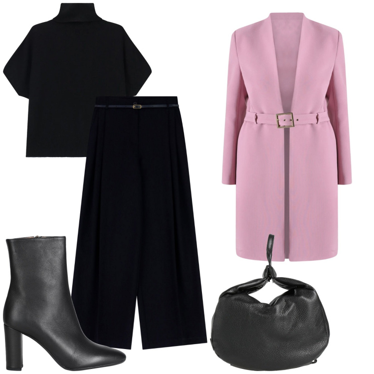 Outfit donna - Cappottino Rosa. Stile Chic per Ufficio. Abbinamento con stivaletti, zaini, trench, maglieria, pantaloni.