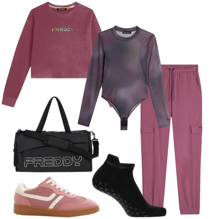 Outfit donna - Freddy. Stile Sporty chic per Tutti i giorni. Abbinamento con sneakers, calzini, borse sportive, body, felpe, pantaloni cargo.