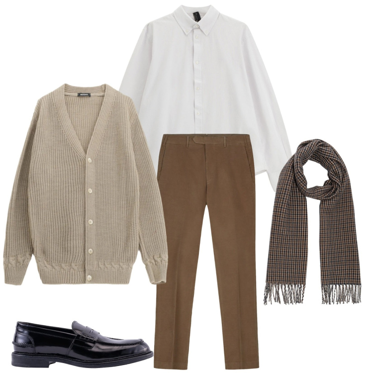 Outfit uomo - Total look #2309492. Stile Business/Elegante per Ufficio. Abbinamento con cardigans, camicie, pantaloni, scarpe stringate, sciarpe.