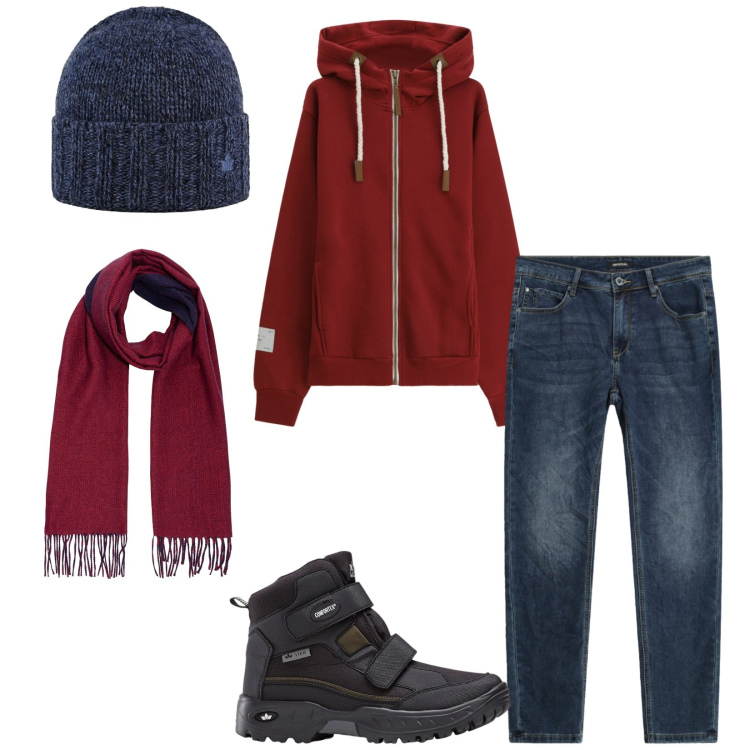 Outfit uomo - Total look #2309495. Stile Urban per Tutti i giorni. Abbinamento con stivali e stivaletti, felpe con cappuccio, jeans slim fit, cappelli, sciarpe.