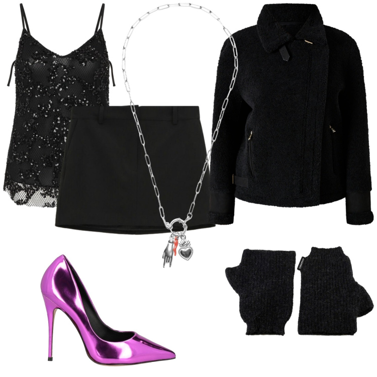 Outfit donna - Fucsia "magnetico". Stile Glamour per Serata fuori. Abbinamento con décolleté, ecopellicce, canottiere, minigonne, ciondoli, guanti.