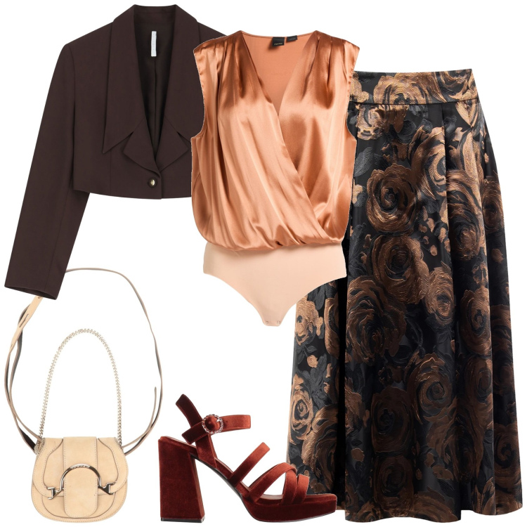 Outfit donna - Punto vita in risalto!. Stile Chic per Serata fuori. Abbinamento con sandali col tacco, marsupi, body, gonne longuette, blazer.