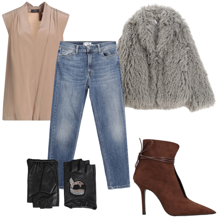 Outfit donna - Ecopelliccia grigia. Stile Trendy per Serata fuori. Abbinamento con guanti, stivaletti, top, jeans skinny, ecopellicce.