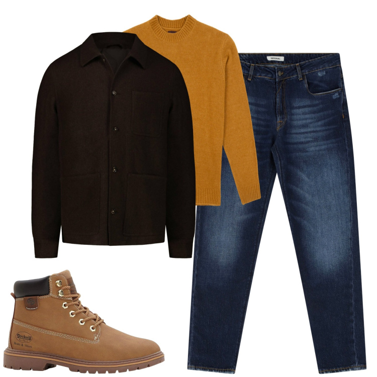 Outfit uomo - Dicembre. Stile Casual per Tutti i giorni. Abbinamento con stivali e stivaletti, jeans dritti, cappotti, maglieria.
