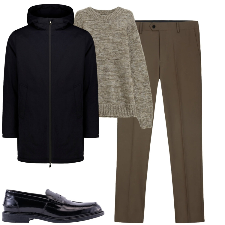 Outfit uomo - City. Stile Urban per Tutti i giorni. Abbinamento con maglieria, parka, scarpe stringate, pantaloni.
