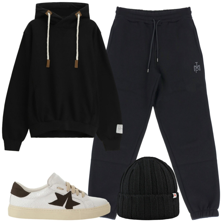 Outfit uomo - Comodo e sportivo. Stile Casual per Tutti i giorni. Abbinamento con pantaloni, felpe con cappuccio, sneakers, cappelli.