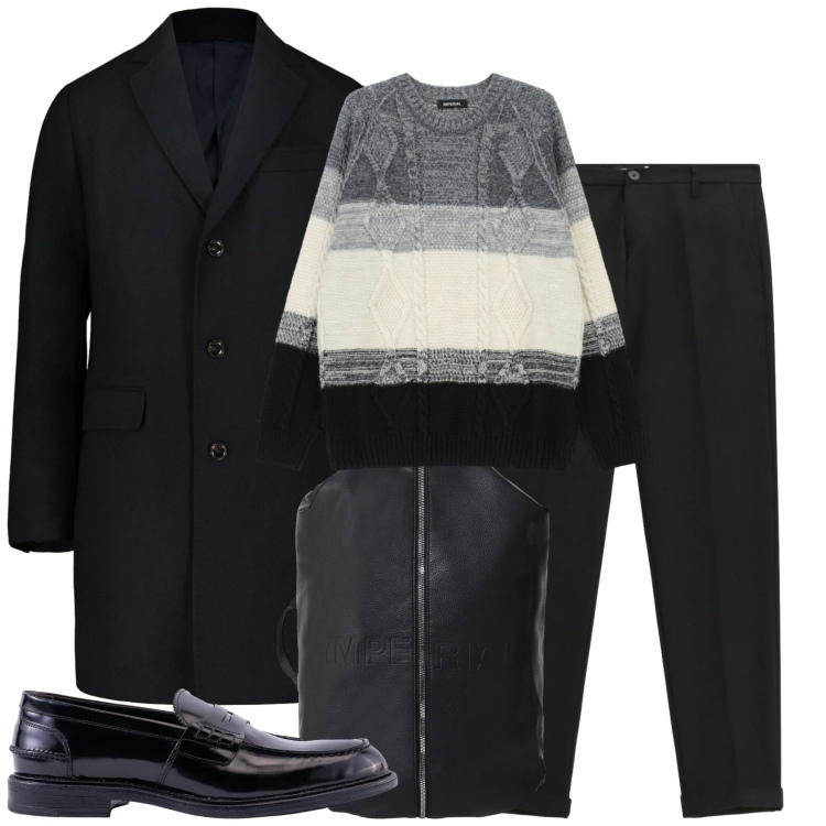 Outfit uomo - In viaggio. Stile Urban per Tutti i giorni. Abbinamento con pantaloni, maglieria, borse sportive, scarpe stringate, cappotti.