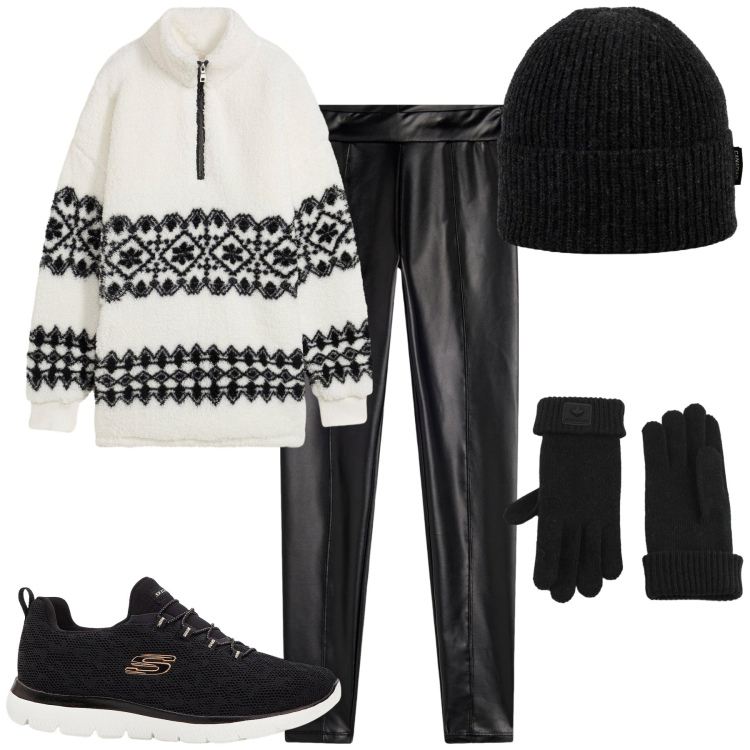 Outfit donna - Relax dopo le feste. Stile Sporty chic per Tutti i giorni. Abbinamento con sneakers, maglieria, treggings, berretti, guanti.